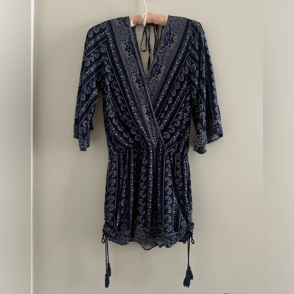 Skies Are Blue Cotton Blend Boho Romper Navy & Pink Super Cute & Soft + Pockets! - Picture 1 of 4